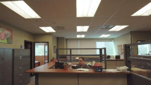 Person working behind a large desk in an office setting