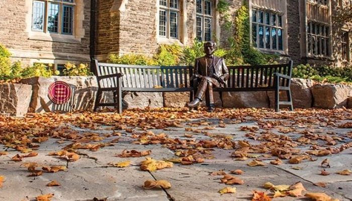 Senator William McMaster Statue outside McMaster during the autumn season